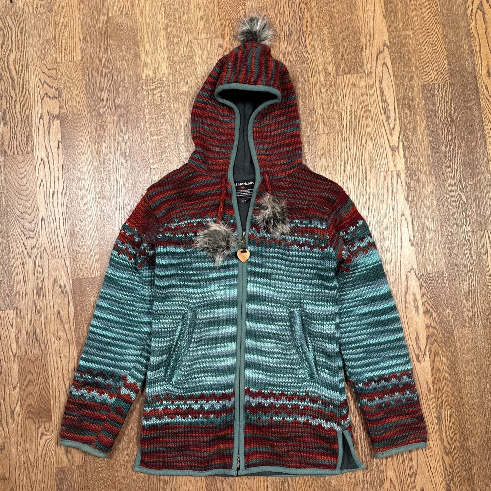 Lost Horizons Yoko Celadon Wool Pom Pom Full Zip Hooded Sweater Womens Small